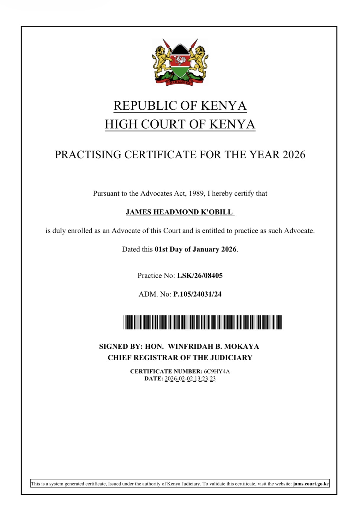 High Court of Kenya practising certificate for 2026